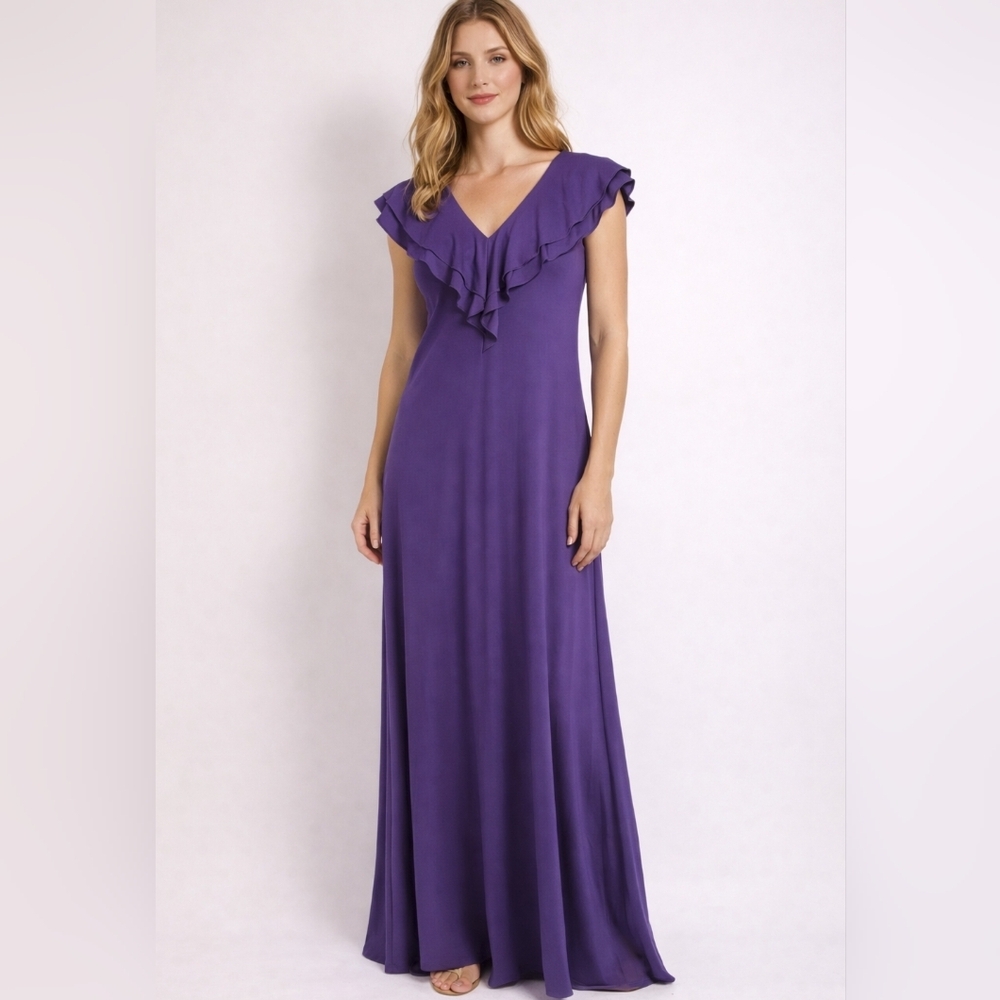 Women's Maxi Ruffle V-Neck Dress in Purple